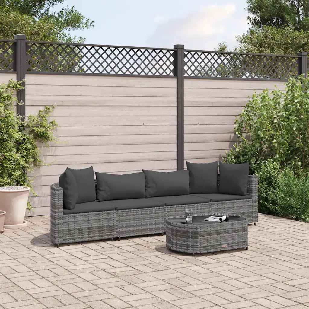 Set Divano da Giardino 5 pz | Set Salotto da Giardino con Cuscini Grigio in Polyrattan