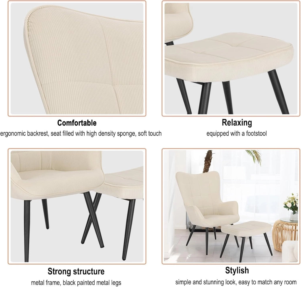 Poltrona Imbottita con Pouf Poggiapiedi Sedia Poltroncina Relax con Braccioli e Schienale Alto per Camera da Letto Salotto in Velluto,Crema SKS28cm