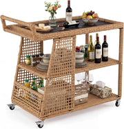 Carrello Bar in Rattan, Carrello Portavivande con 3 Ripiani Aperti e 4 Ruote, Maniglia Ergonomica, Moderno Carrellino Servizio Esterno Interno per Giardino, Terrazzo, Cucina, 98 X 54 X 92 CM