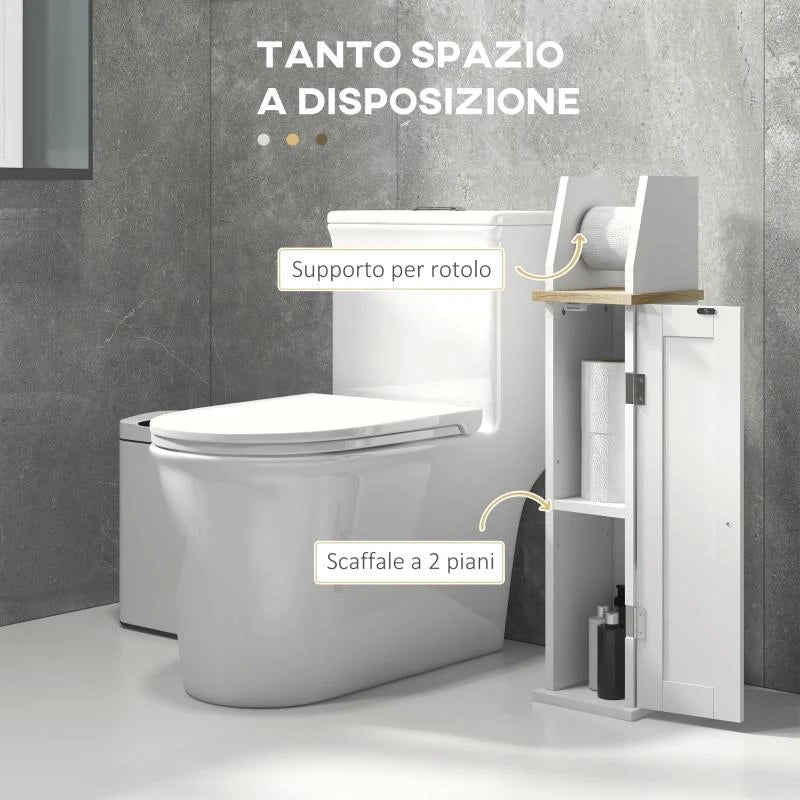 MOBILE BAGNO PORTA CARTA IGIENICA SALVASPAZIO CON ARMADIETTO E MENSOLA REGOLABILE, 18X20X80 CM, BIANCO