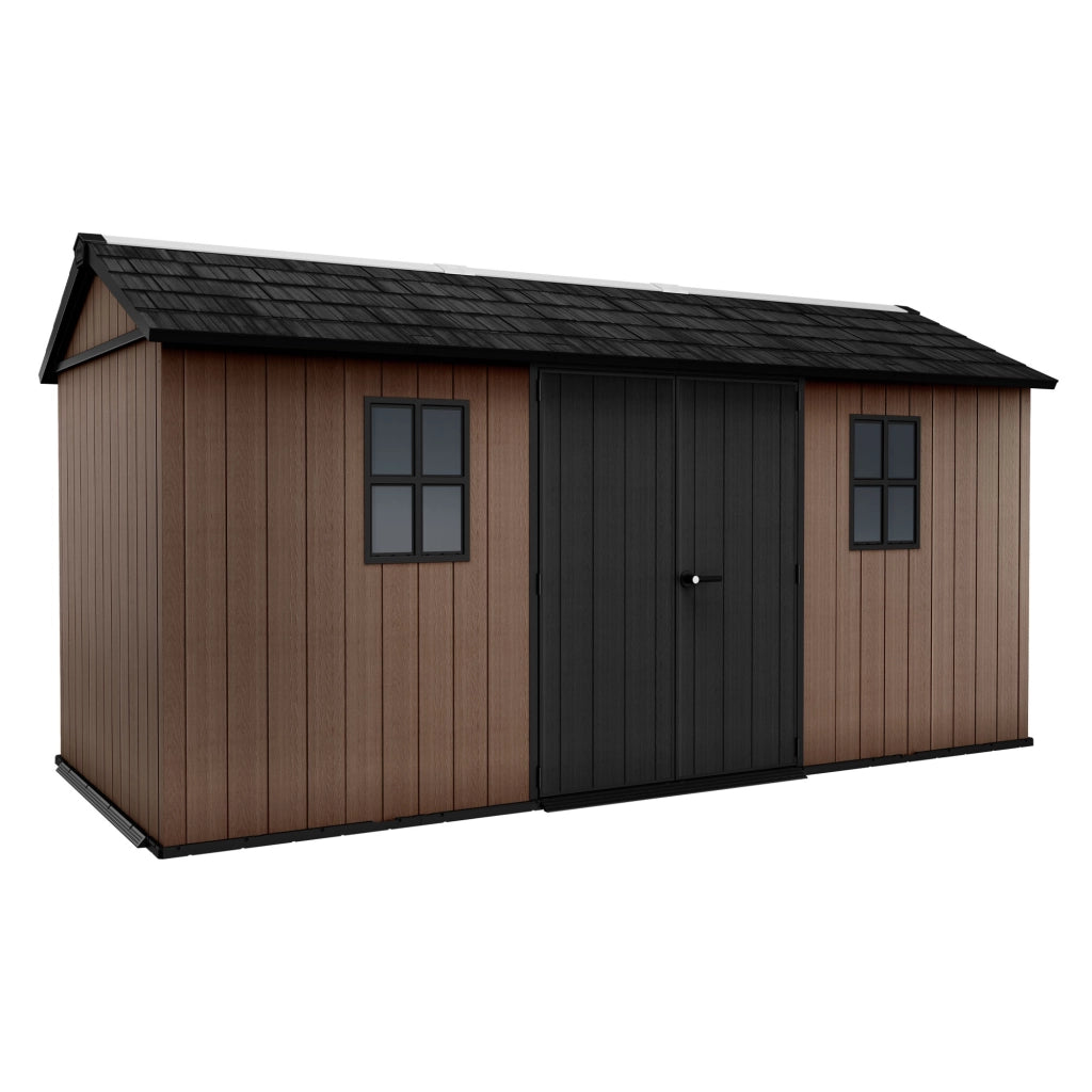 Newton + 7515/1575- Casetta da Giardino 476x246x230 cm 2 Ante per deposito attrezzi finitura effetto legno Evotech+ in Resina Marrone e Nero
