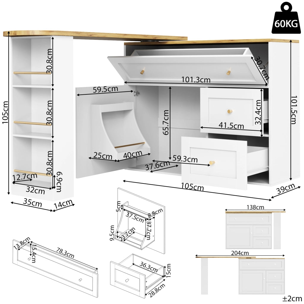 Tavolo Bar Estensibile con 2 Cassetti a Ribalta; Vani Contenitore e Piano Girevole; in MDF; 138-204x39x105 cm; Bianco