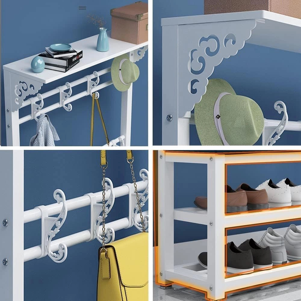 Appendiabiti in Metallo con Panca per Scarpe, 11 Ganci e 2 Ripiani per Scarpe, Moderno Organizer per Ingresso Industriale per corridoi, soggiorni, Facile da Montare, 100 x 30 x 172 cm