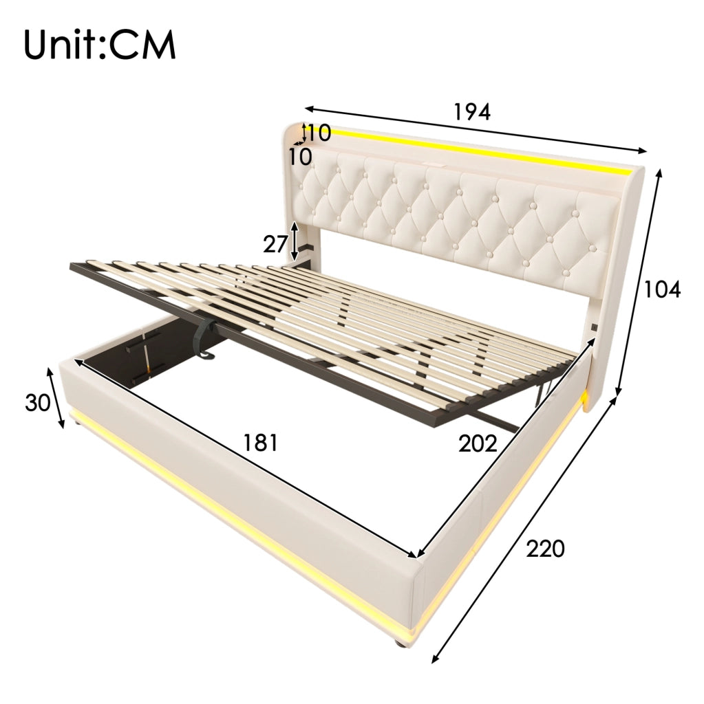 Letto matrimoniale 180x200 cm con contenitore; LED e porte USB e USB C; similpelle bianca