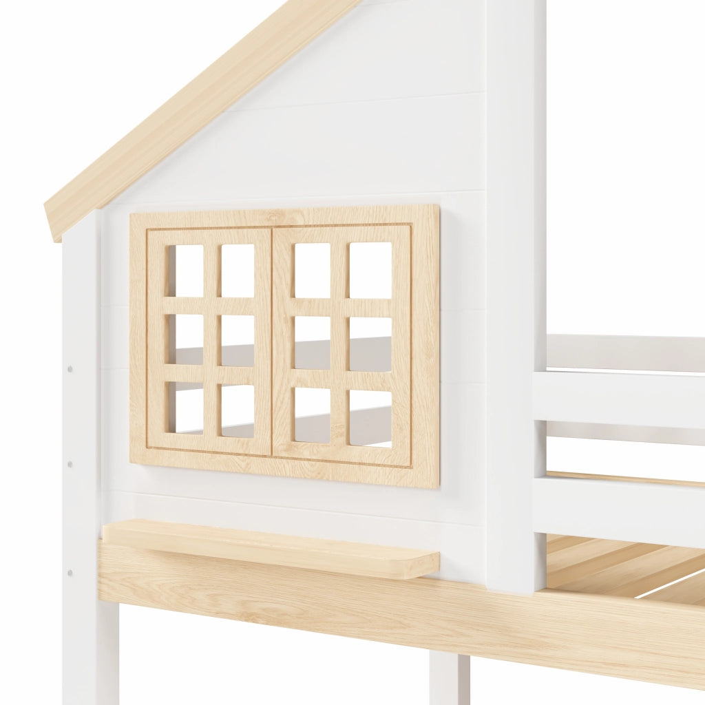 Letto a castello 90x200 cm in pino e MDF con vano contenitore idraulico, stile casa, bianco e naturale