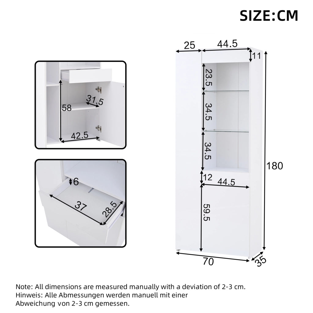Vetrina alta 70 x 35 x 180 cm con luci a LED e cassetto