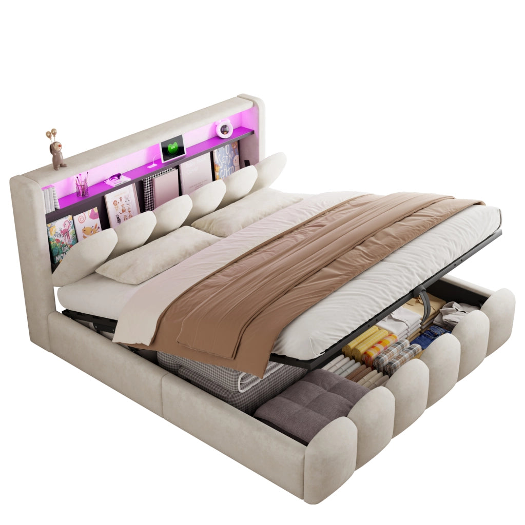 Letto imbottito 180x200 cm con contenitore; LED e USB in velluto beige