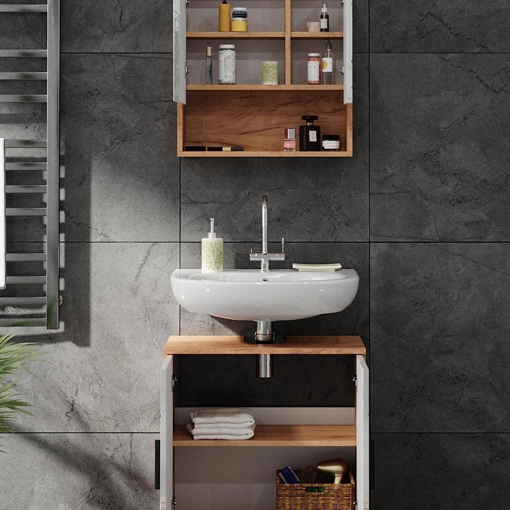 Set di mobili da bagno Irma, Bianco lucido/oro power oak, 80 cm, composto da specchio da bagno e mobile sottolavabo