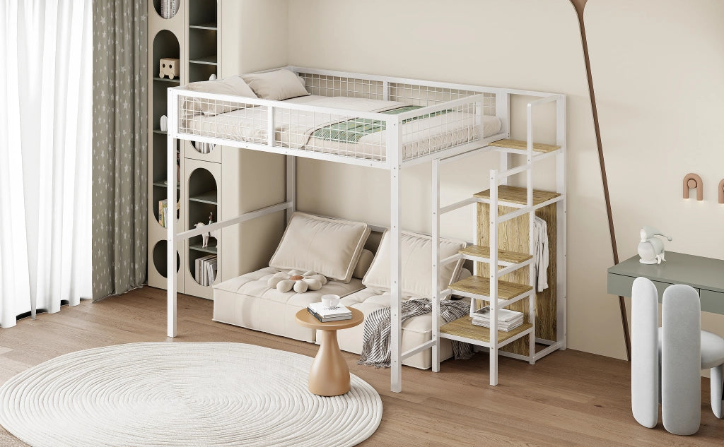 DESMIU Letto a soppalco per bambini 1 posto con scala contenitore e armadio 140 × 200 cm, senza materasso
