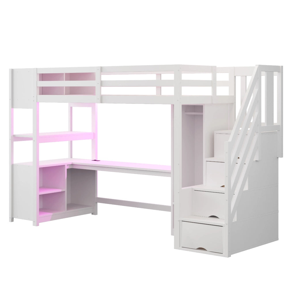 Letto a soppalco multifunzione 90x200 cm con scrivania; armadio; LED e scale contenitive; bianco