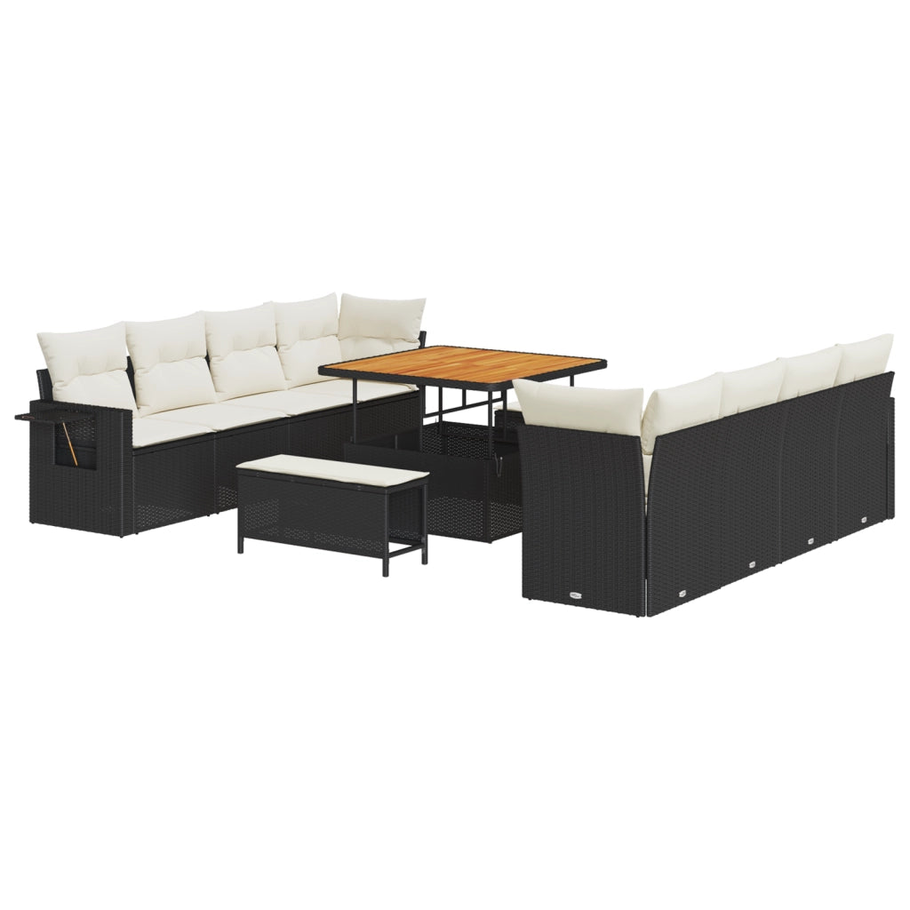 Set Divano da Giardino 11 Pezzi con Cuscini Nero Polirattan Acacia