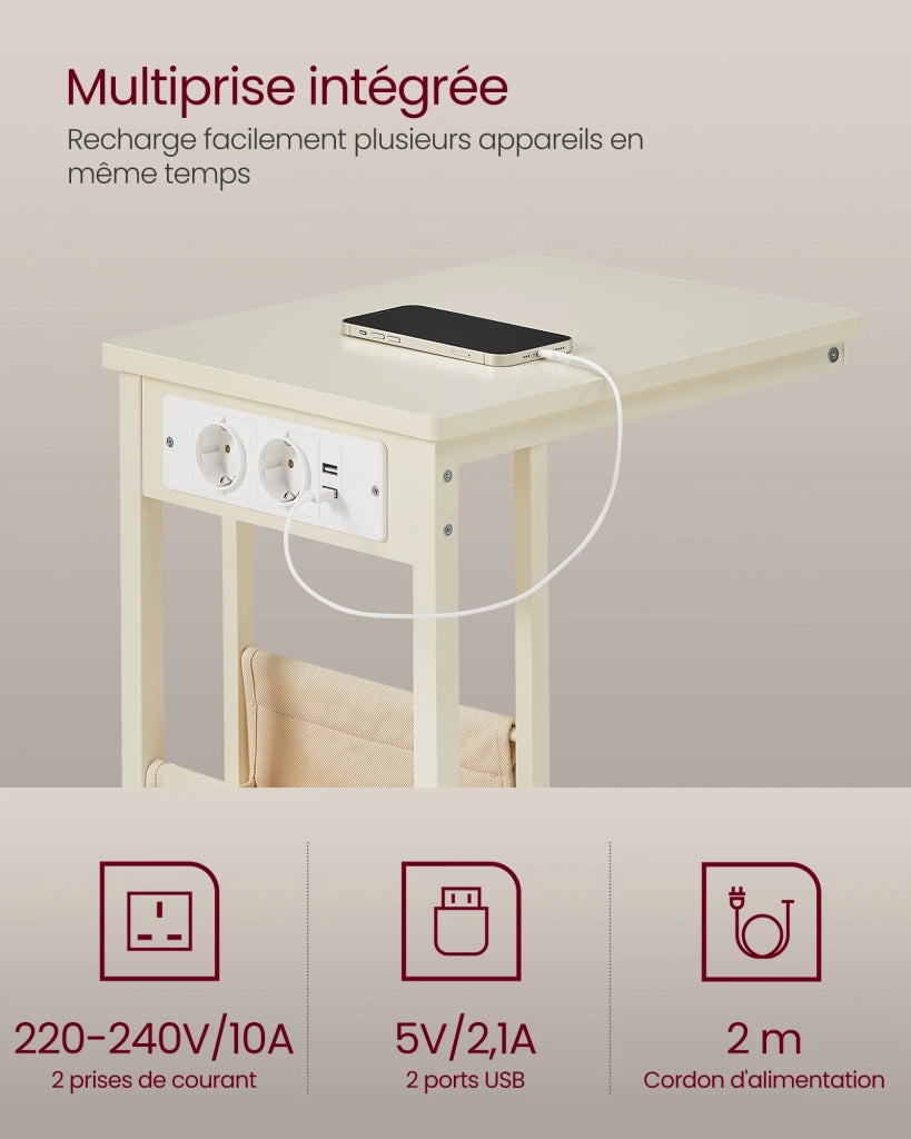 Tavolino/comodino 30 x 40 x 62 cm con multipresa tavolino a C per piccoli spazi 2 porte USB e prese piedini regolabili per camera da letto/soggiorno bianco 12_0007573