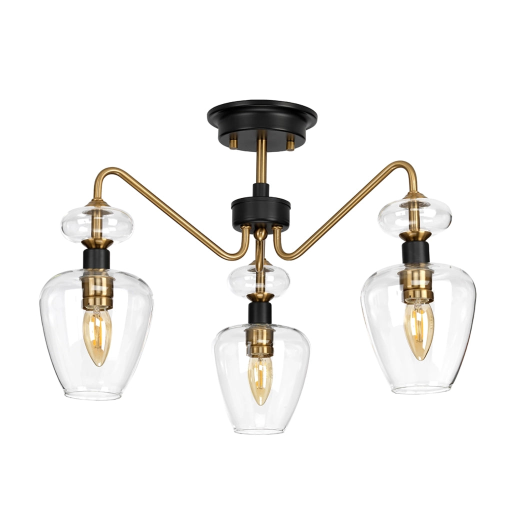 Plafoniera Armand Acciaio Ottone Antico Nero Carbone Vetro Nero 3 Luci E14