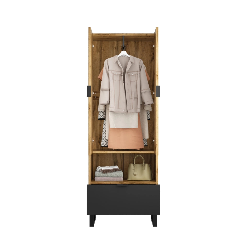 Armadio guardaroba 180x65x38 cm con barra appendiabiti; ripiani regolabili e cassetto in truciolare naturale