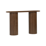 Consolle ovale scandinava con effetto legno scanalato, 120cm, noce