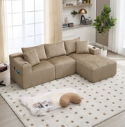 Divano modulare 257x90-160x62 cm con chaise longue; 5 cuscini e portabicchieri in corduroy khaki