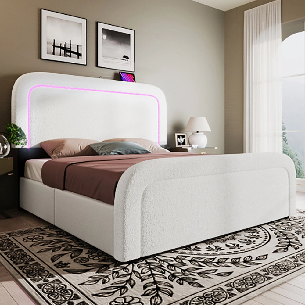 Letto matrimoniale - Xylo - 160x200 cm - Bianco - 4 cassetti USB Type C LED testiera regolabile