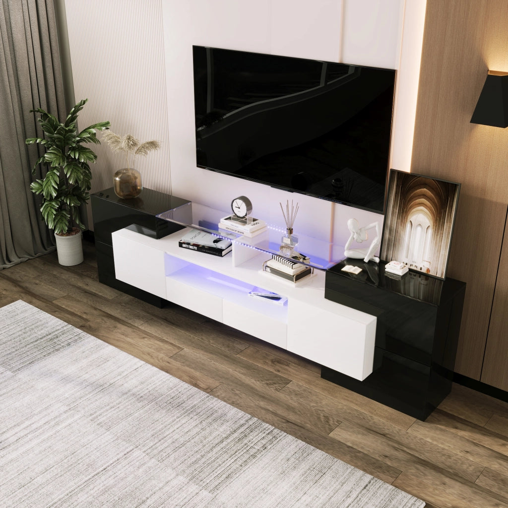 Mobile TV 200x35x60 cm; con LED e ampio spazio; truciolato e MDF; nero e bianco