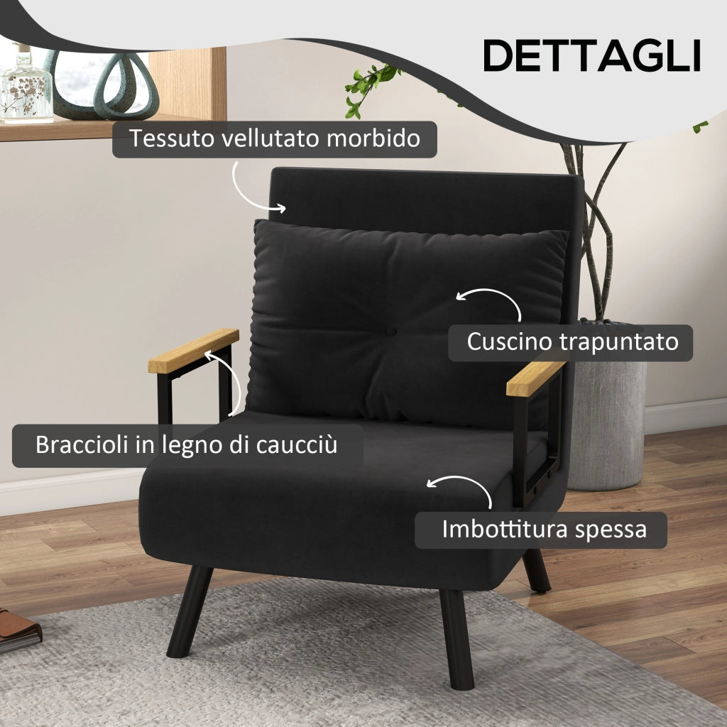 Poltrona Letto 3 in 1 con Schienale Reclinabile in 5 Posizioni e Cuscino. 63x73x81 cm. Nero