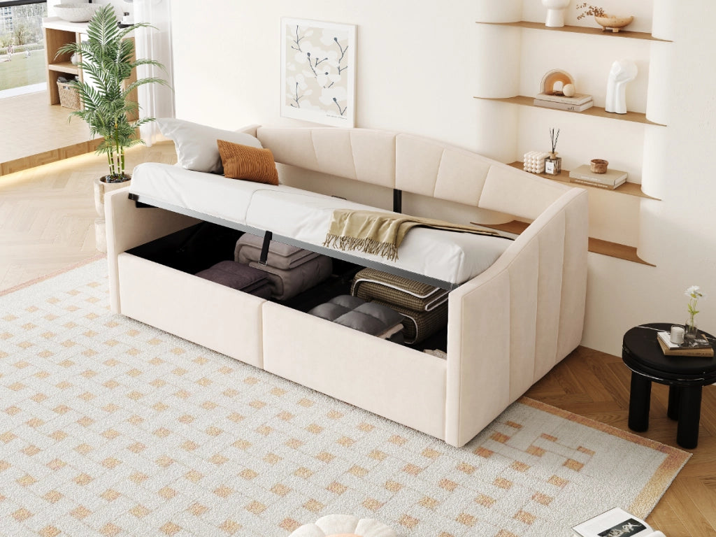 Letto sofà con contenitore in velluto beige 90x200 cm