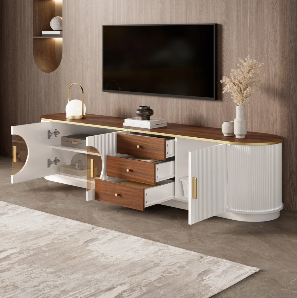 Mobile TV in MDF bianco 180 cm con 3 cassetti; 3 ante e vetro marrone