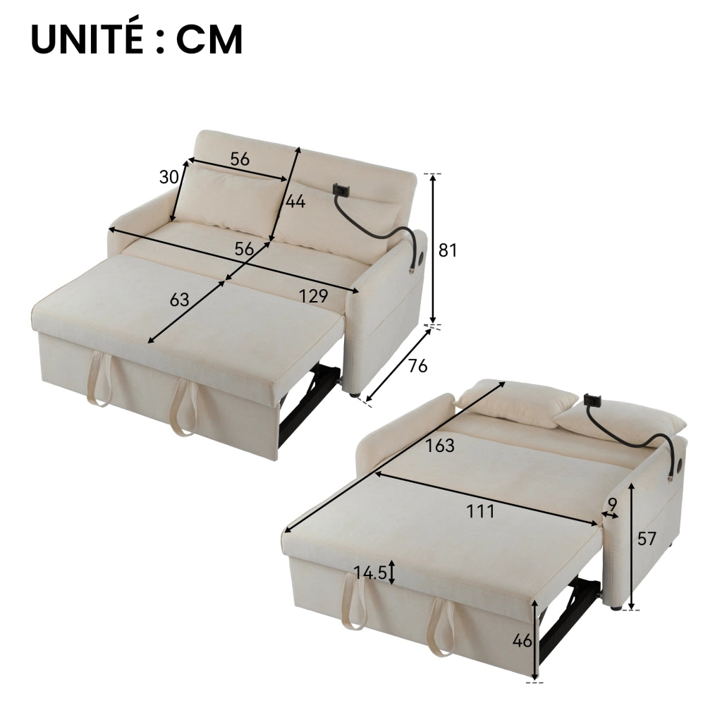 Divano Letto 2 Posti con Schienale Regolabile; USB; Supporto per Telefono e Tasche Laterali Beige