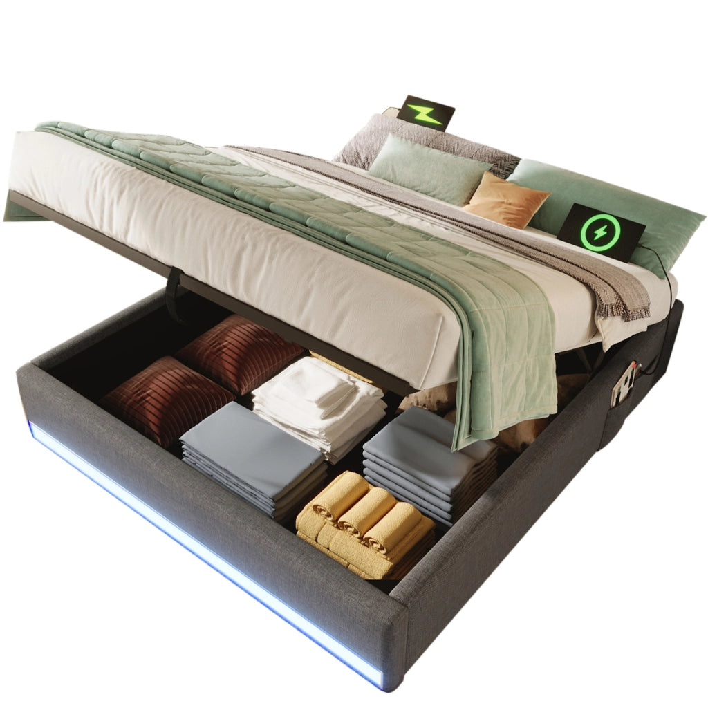 Letto matrimoniale imbottito 140x200 cm in lino grigio con LED; USB e contenitore idraulico