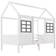Letto per bambini singolo 90×200 cm con finestre e barriera di sicurezza; senza materasso; legno massello; bianco