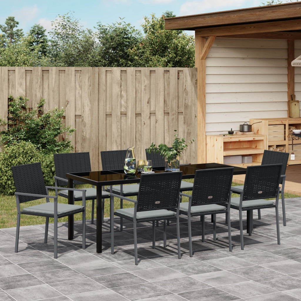 Set da pranzo da giardino 9 pezzi con cuscini in polyrattan nero