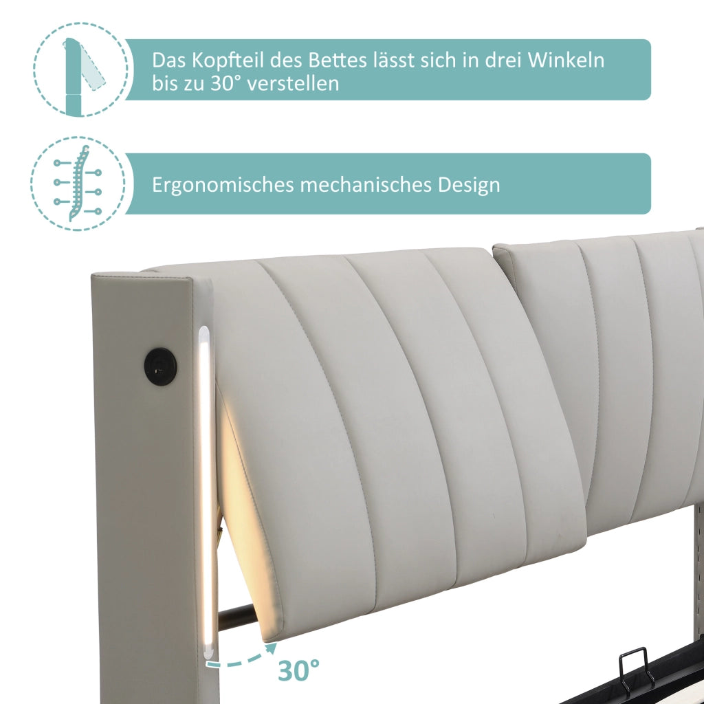 Letto imbottito idraulico con LED e USB 180x200 cm in similpelle grigia