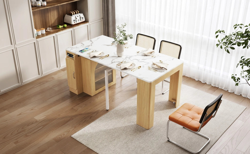 Tavolo da pranzo allungabile con LED, 3 vani interni e prese USB, per cucina e sala da pranzo in MDF e vetro
