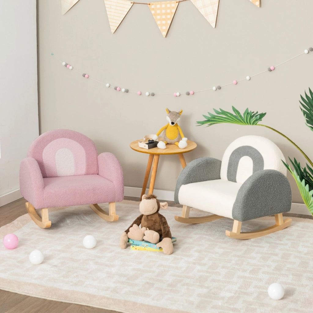 Sedia dondolo per bambini con gambe in legno massiccio e cuscinetti antiscivolo, Poltrona a dondolo Rosa-Divani per bimbi
