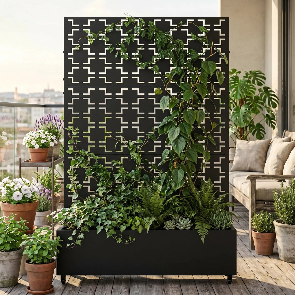 Fioriera con Spalliera Aaskis a Rotelle in Acciaio 190 x 120 x 38 cm - Nero casa.pro