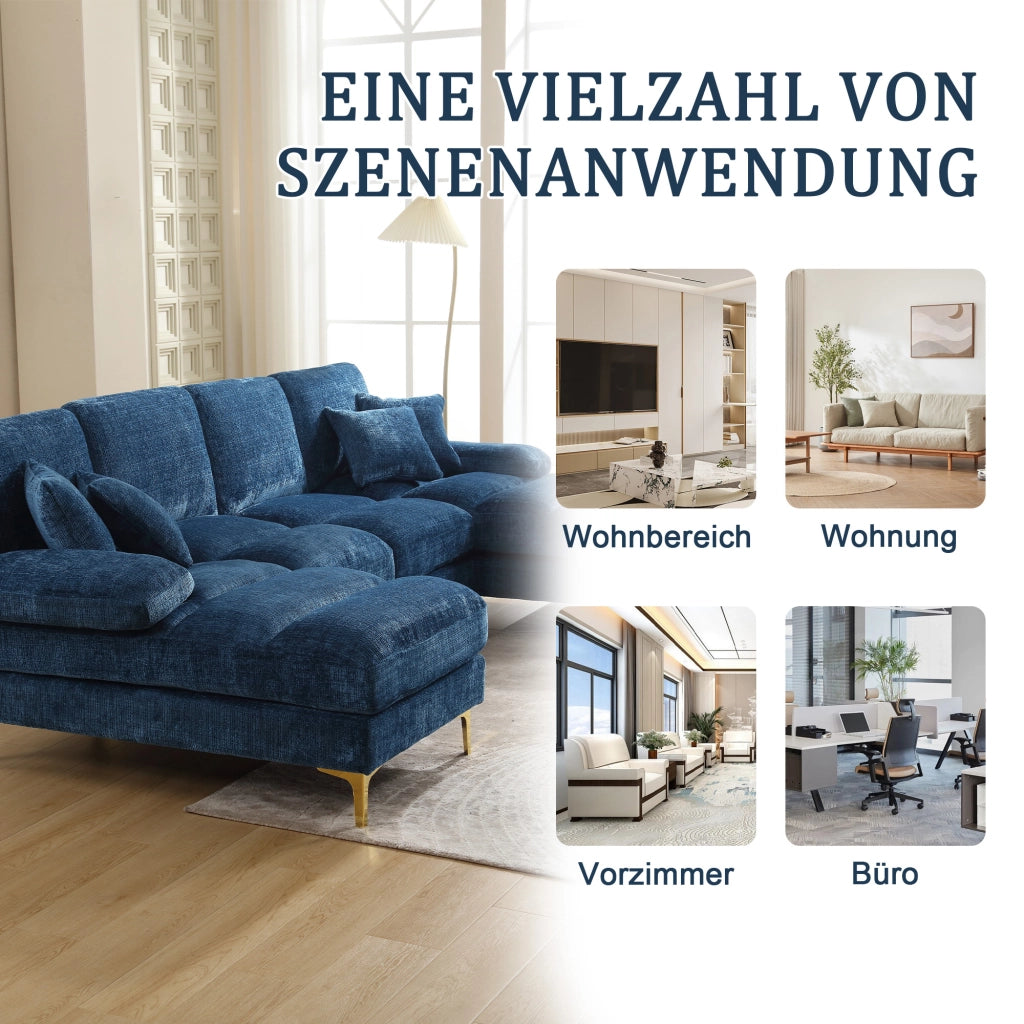 OKWISH Divano Panoramico a U, 4 Posti con Doppia Chaise Longue, Seduta Ergonomica e Cuscini, Ciniglia Blu