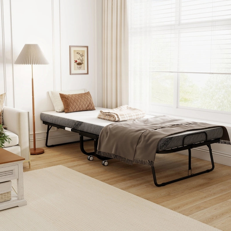 Letto per ospiti, letto pieghevole, letto da viaggio con ruote, materasso, acciaio, bianco+nero