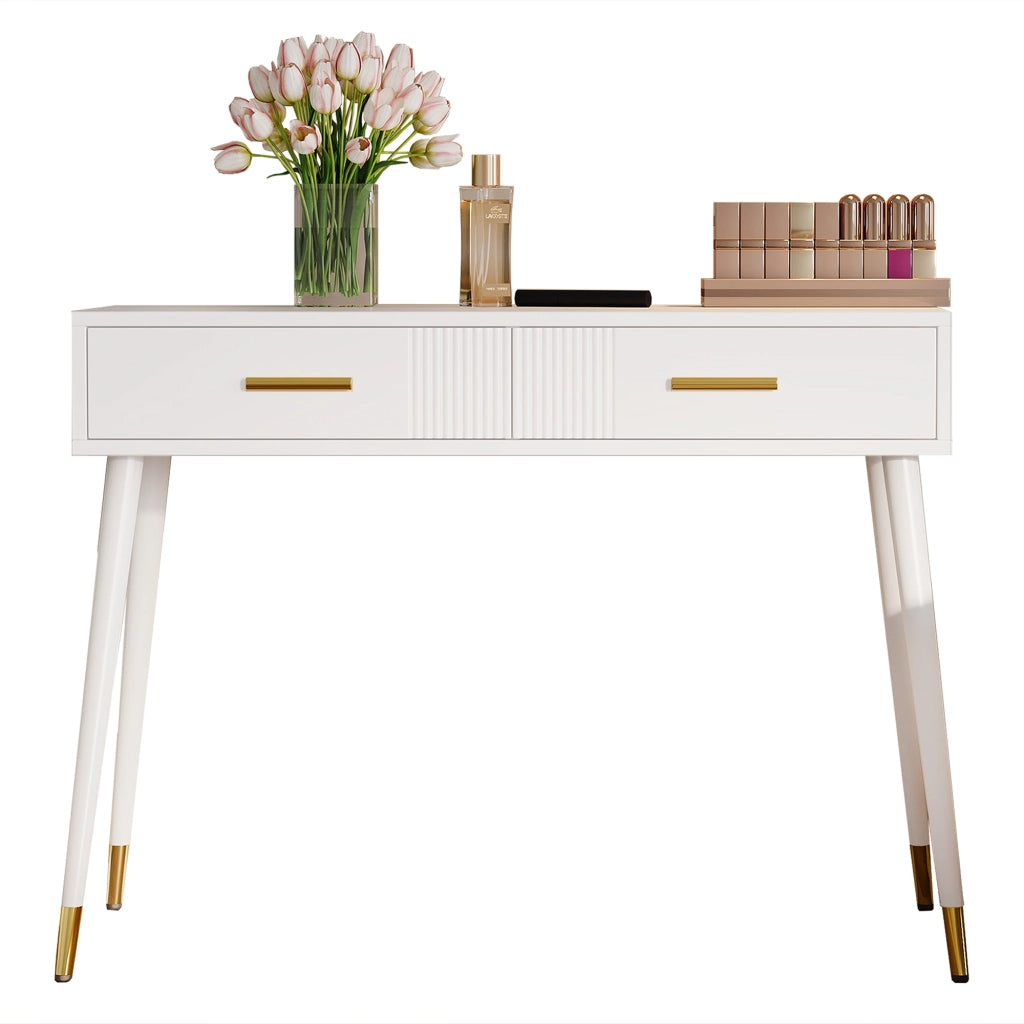 Toeletta con 2 cassetti e gambe in metallo; per camera da letto; 100×40×76 cm; bianco
