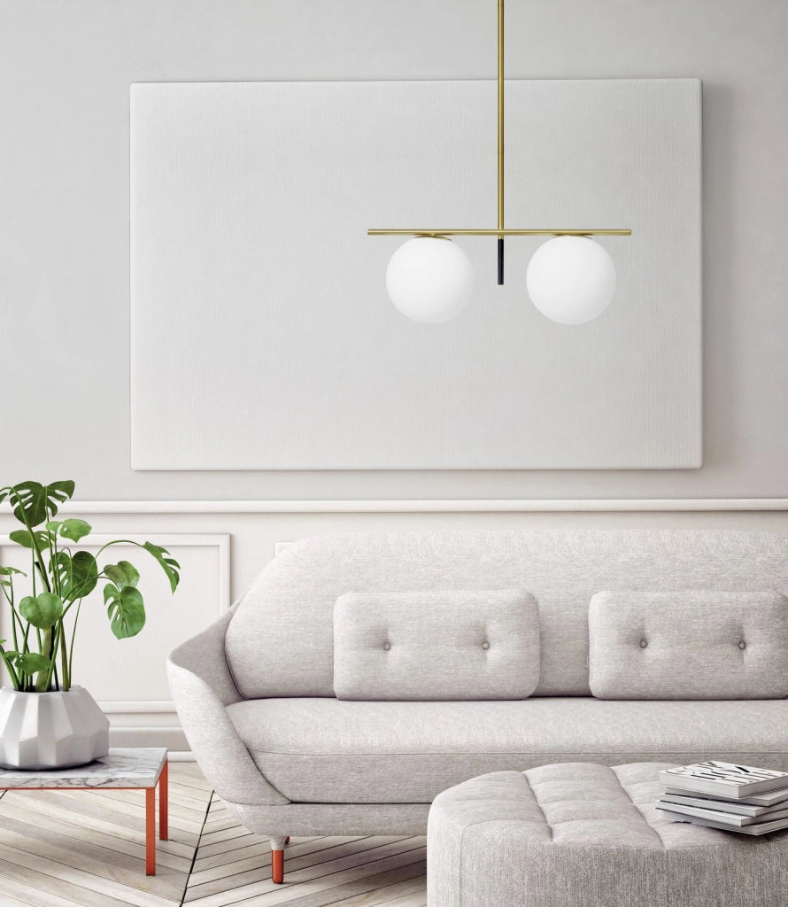 JUGEN SOSPENSIONE A 2 LUCI ORO SPAZZOLATO E VETRO BIANCO ATTACCO E27 L.60CM