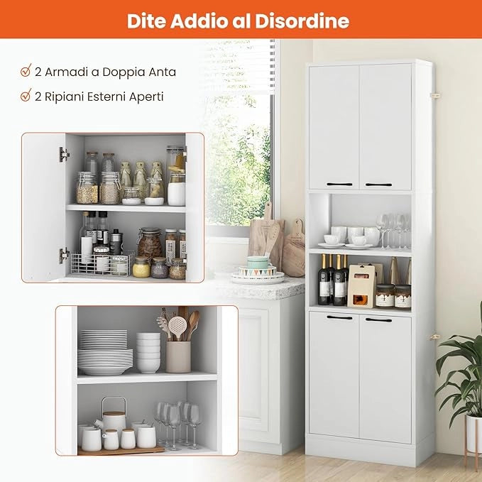 Credenza da Cucina Salvaspazio 56 x 30 x 190cm, Mobile Buffet Alto con 2 Armadi a Doppia Porta e 2 Mensole Aperte, Mobiletto Multiusuo per Soggiorno, Camera da letto e Bagno (Bianco)