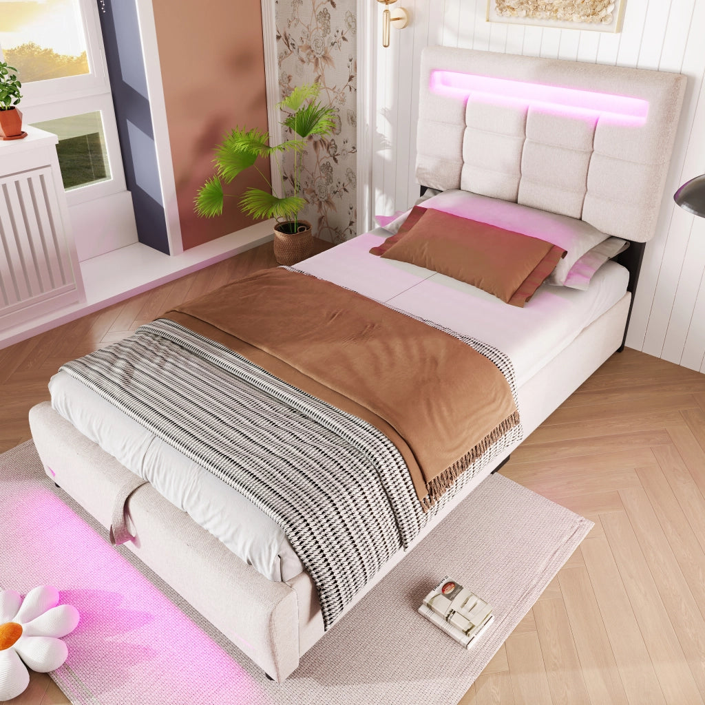 LETTO Contenitore 90x200 cm in lino Beige con APP, LED e USB