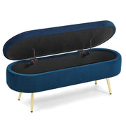 Panca contenitore ovale con coperchio ammortizzato; gambe in metallo; in velluto blu 110×40×42 cm