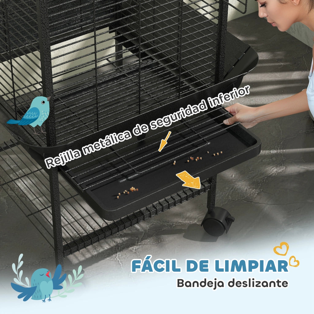 Gabbia per Uccelli con Ruote, Mangiatoie e Ripiano ¨C Zephmum ¨C Grigio Scuro 62.5x62.5x146 cm