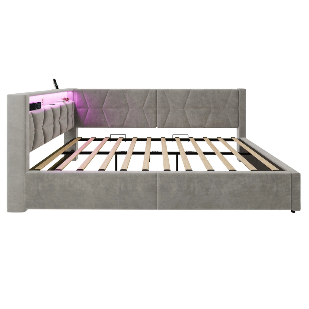 Letto imbottito 140x200 cm con contenitore, LED, USB e Type-C