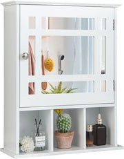 Specchio Bagno con Mensola, Toletta da Trucco Bianco con Specchio con 3 Scomparti e 1 Anta, Armadietto da Parete con Ripiano Regolabile, 48x17x60cm