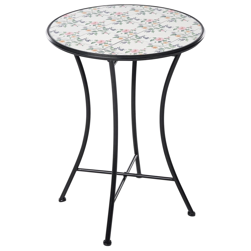 Tavolino da bistrot in ferro nero con piano rotondo rivestito in piastrelle di ceramica a mosaico stile ferro battuto