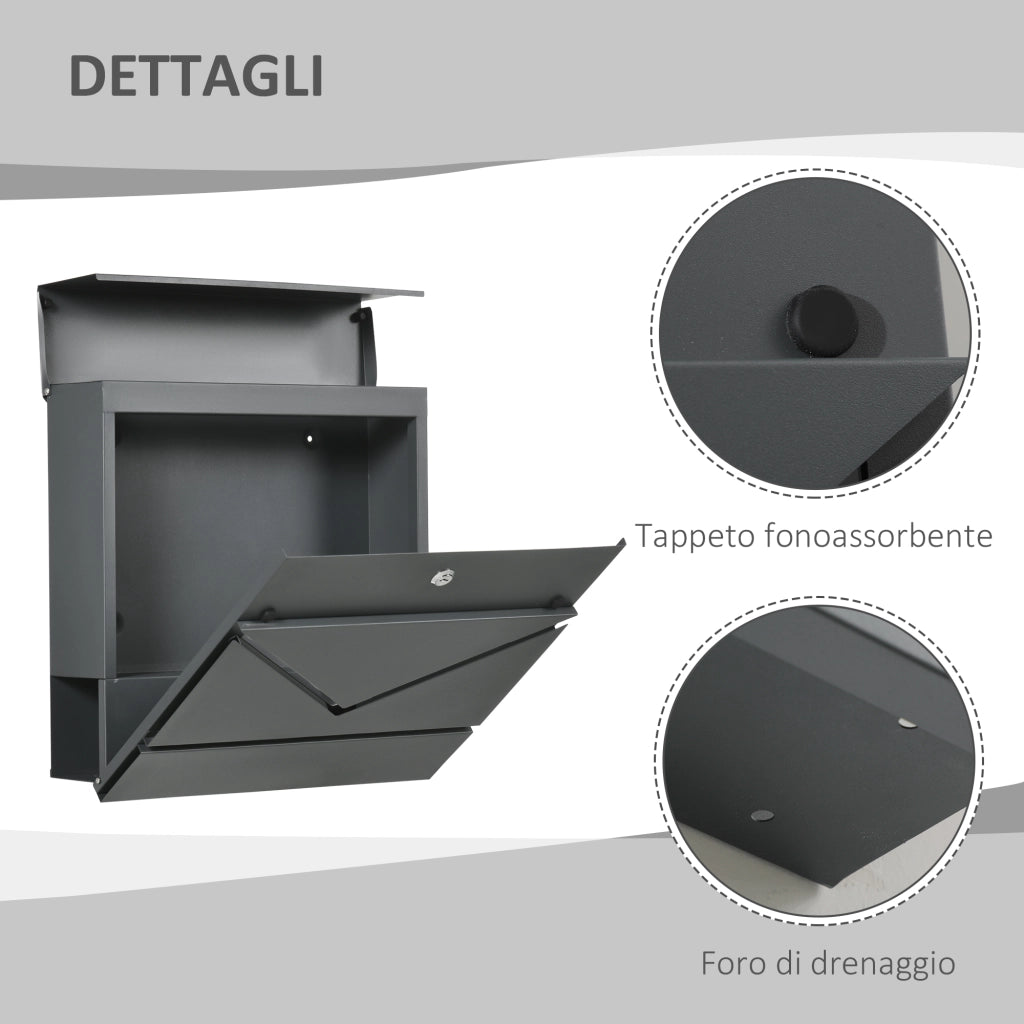 Cassetta Postale in Acciaio Zincato con Portagiornali e 2 Chiavi di Sicurezza, 37x10.5x37 cm, Grigio