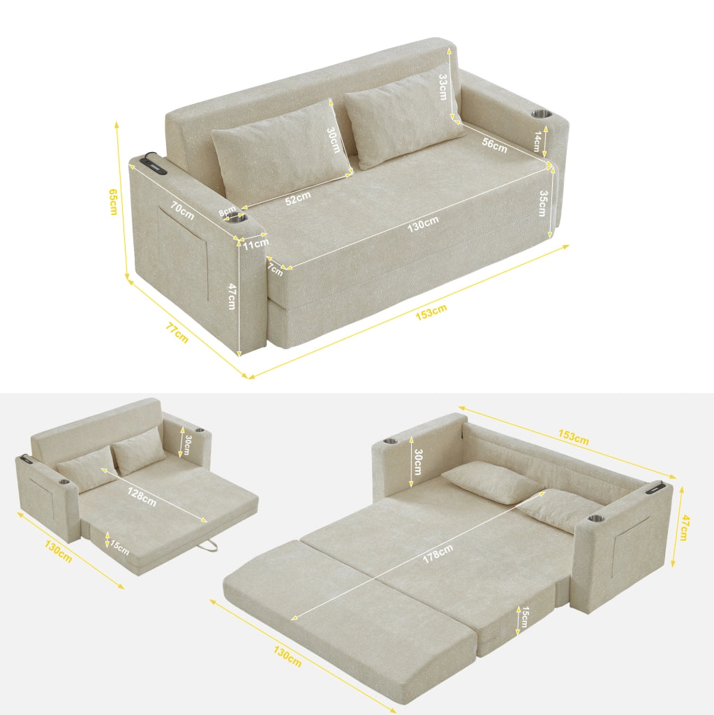 Divano letto 2 posti 153x77x65 cm beige in ciniglia con USB e 2 cuscini