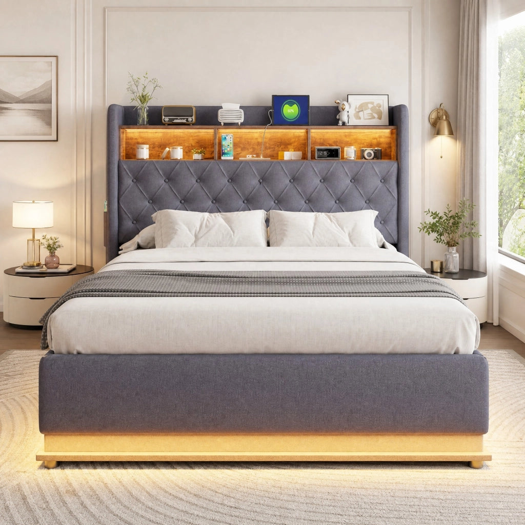 Letto imbottito LED con USB e vano contenitore, 160 x 200 cm, grigio