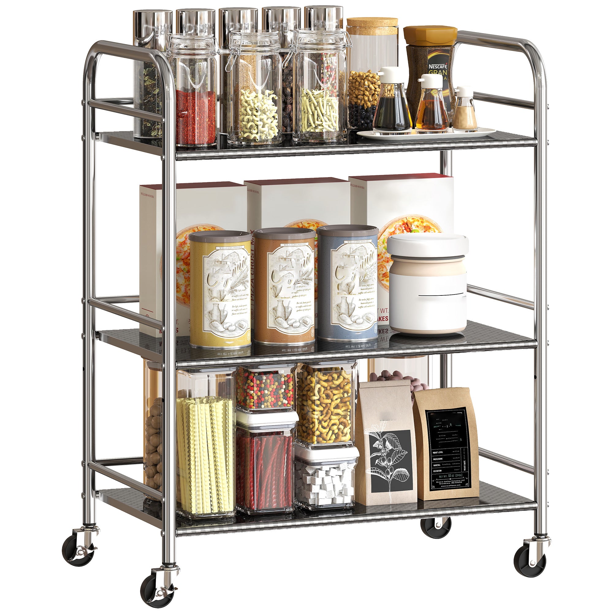 Carrello da Cucina Multiuso a 4 Livelli 60x35x77 cm con Ripiano Centrale Regolabile in Acciaio Inox
