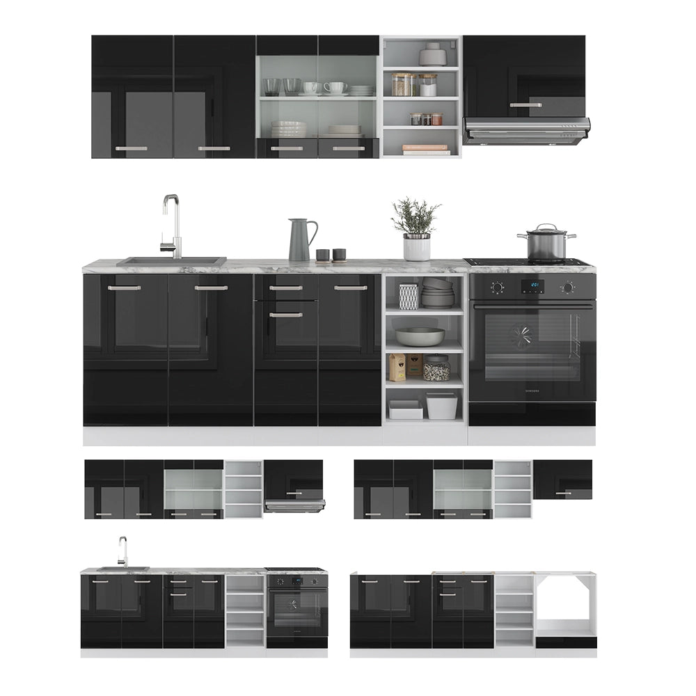 Cucina componibile R-Line Nero lucido/Bianco 240 cm, PL Rovere Vicco