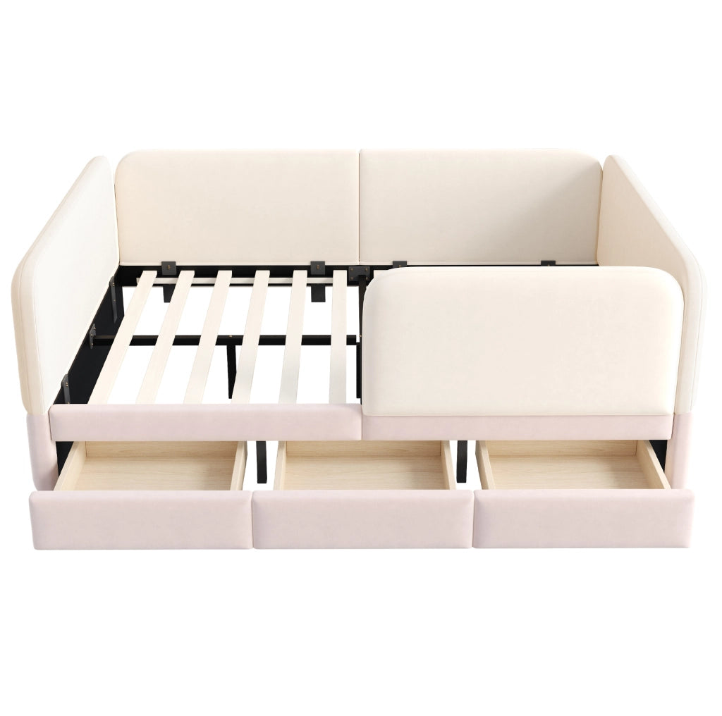 Letto imbottito per bambini 208x147x67 cm con protezione perimetrale in velluto beige e rosa